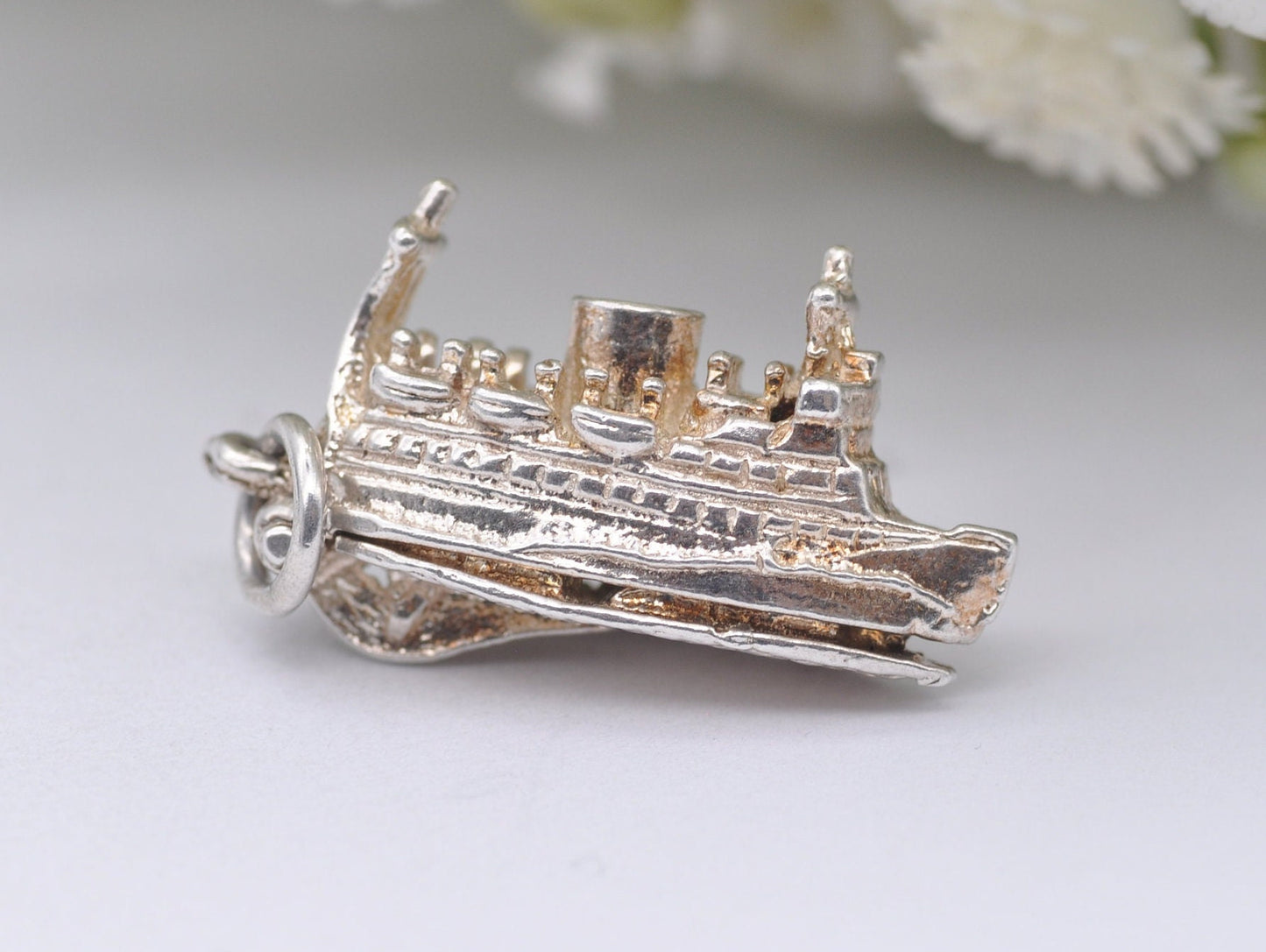 Vintage Sterling Silver Ferry Charm Opening to Cars Inside - Articulated / Detailed / Ship / Boat / for Charm Bracelet