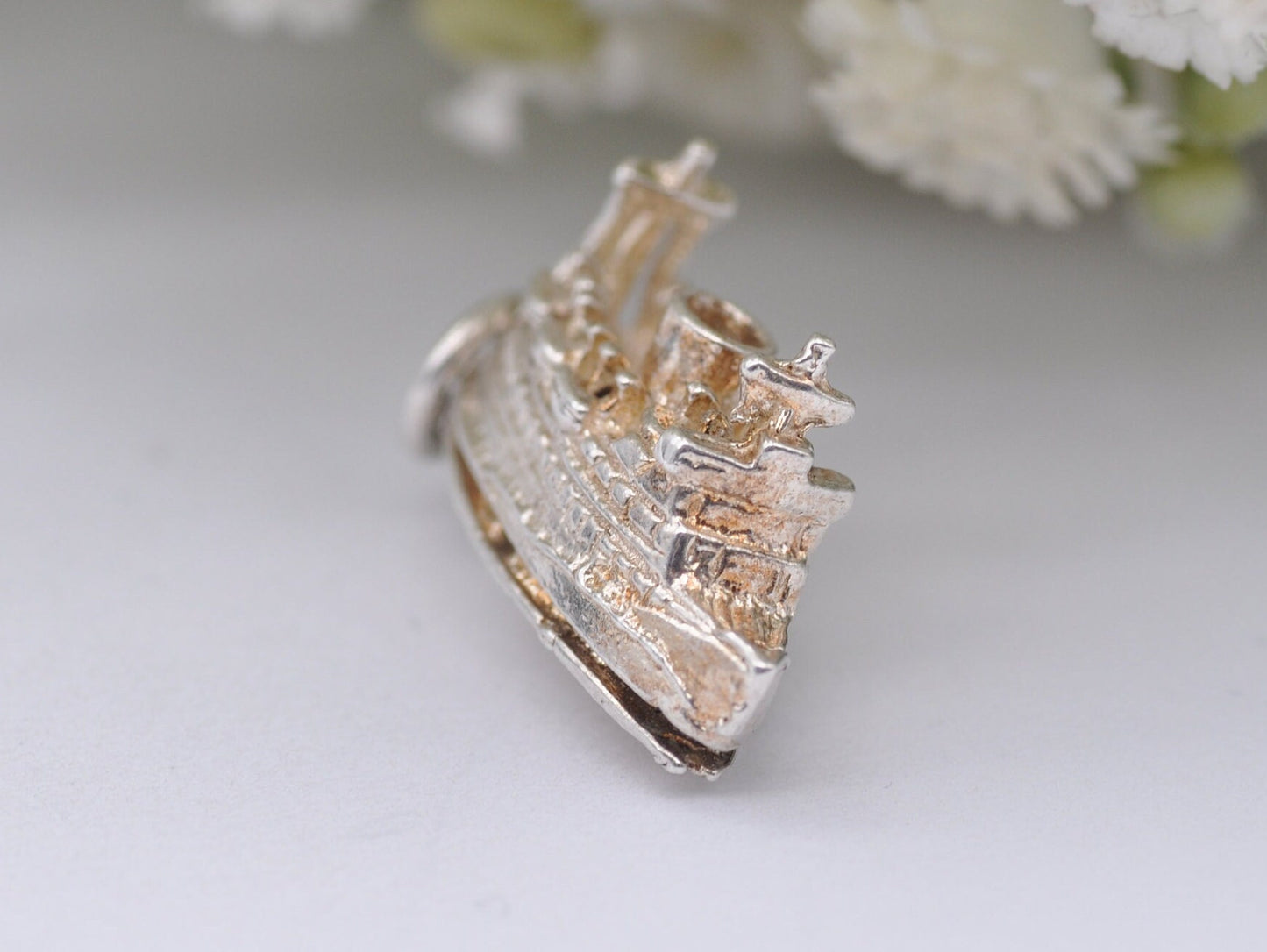 Vintage Sterling Silver Ferry Charm Opening to Cars Inside - Articulated / Detailed / Ship / Boat / for Charm Bracelet