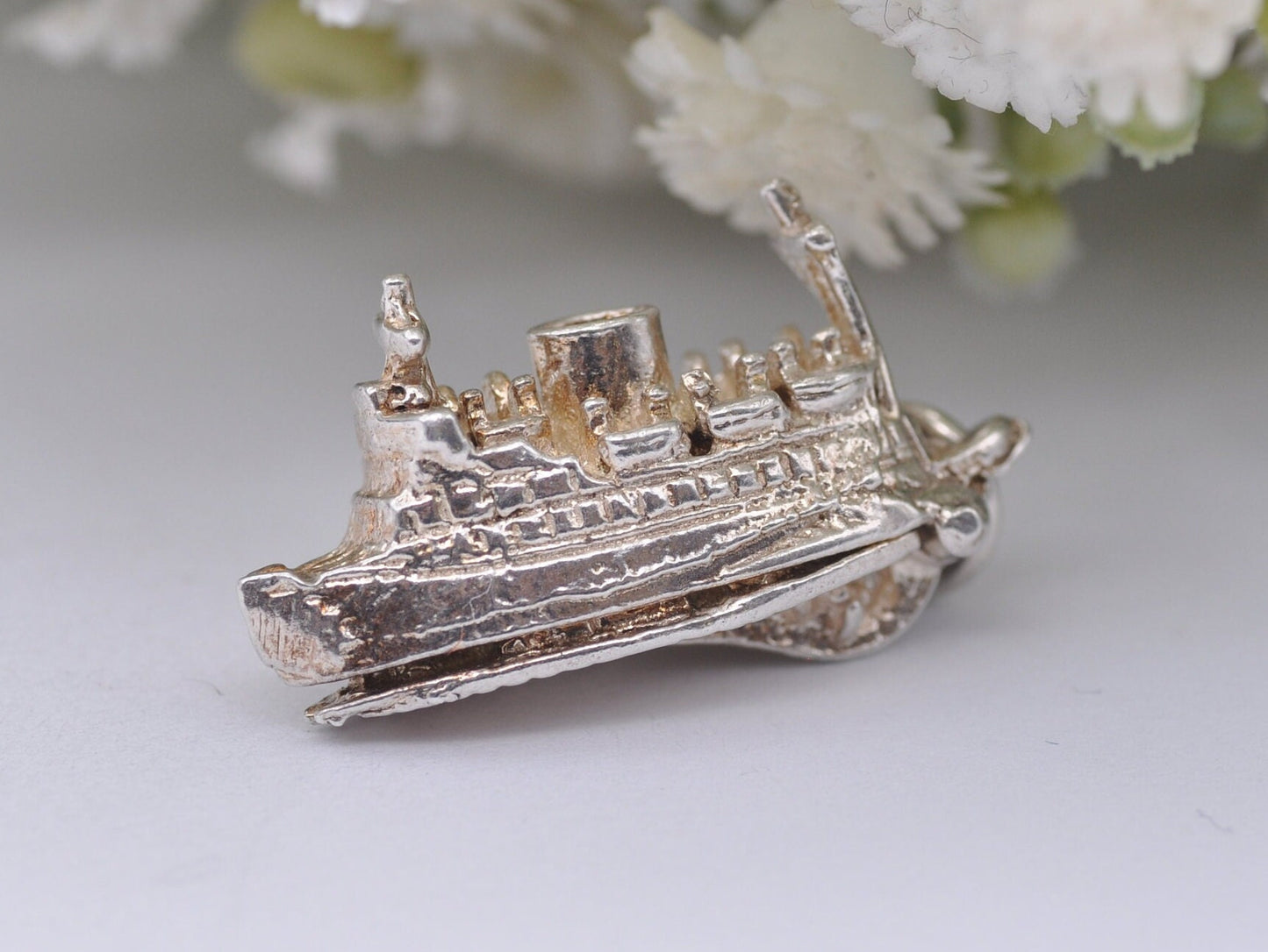 Vintage Sterling Silver Ferry Charm Opening to Cars Inside - Articulated / Detailed / Ship / Boat / for Charm Bracelet