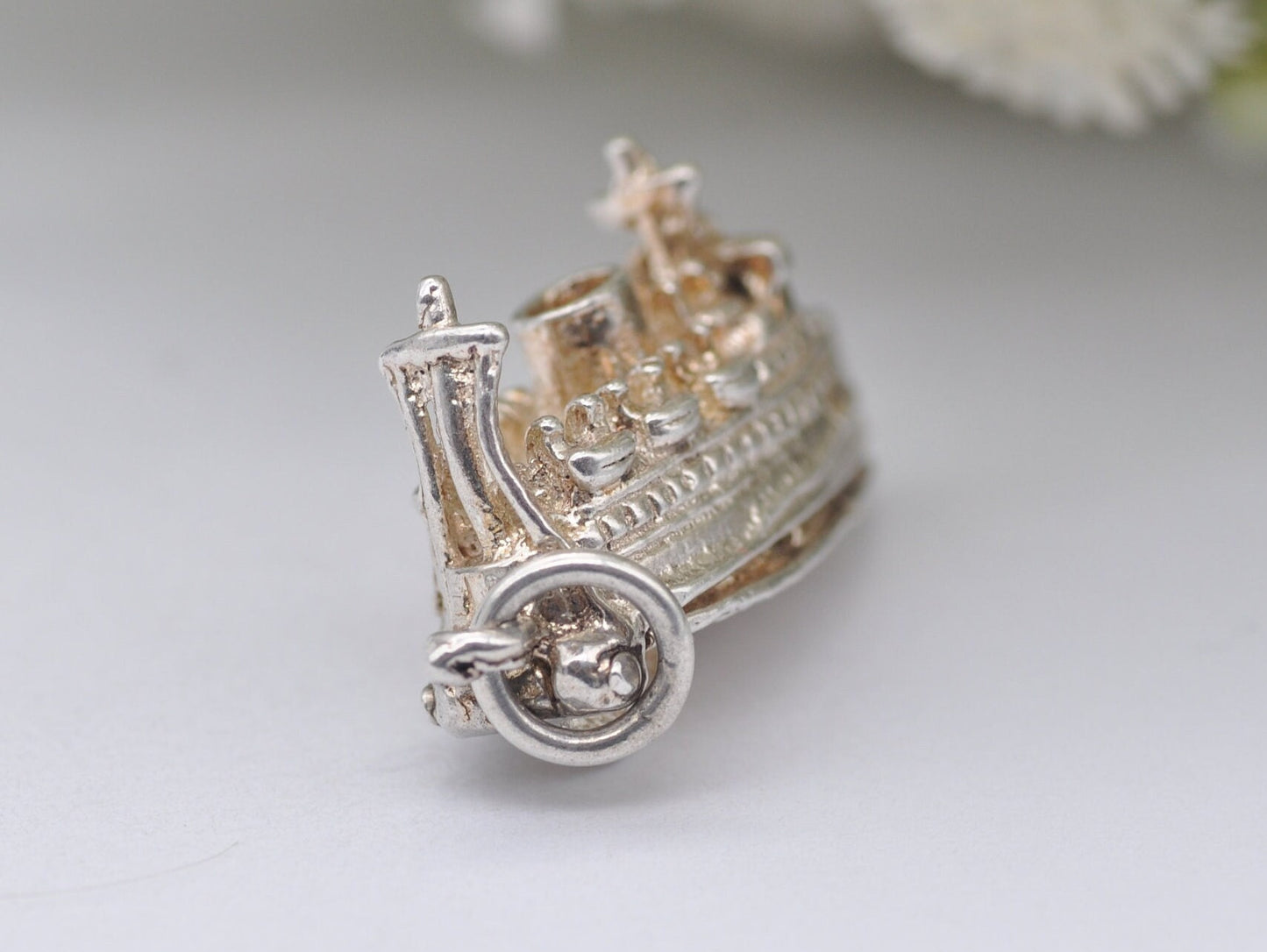 Vintage Sterling Silver Ferry Charm Opening to Cars Inside - Articulated / Detailed / Ship / Boat / for Charm Bracelet