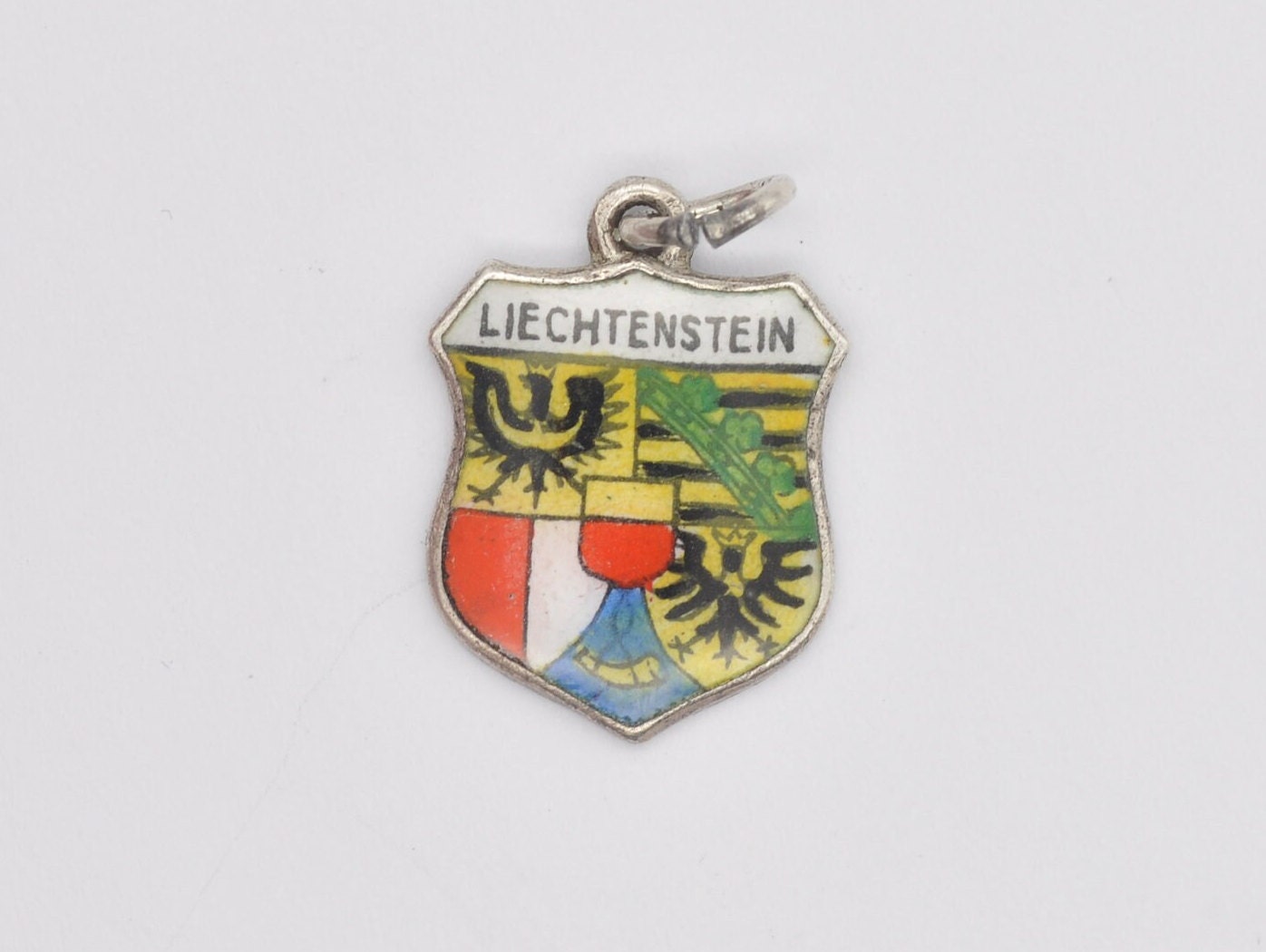 Vintage Silver Liechtenstein Enamel Souvenir Shield Charm / Pendant - Country / Europe / Tourist / Travel / 800 / Country / Scrap Book