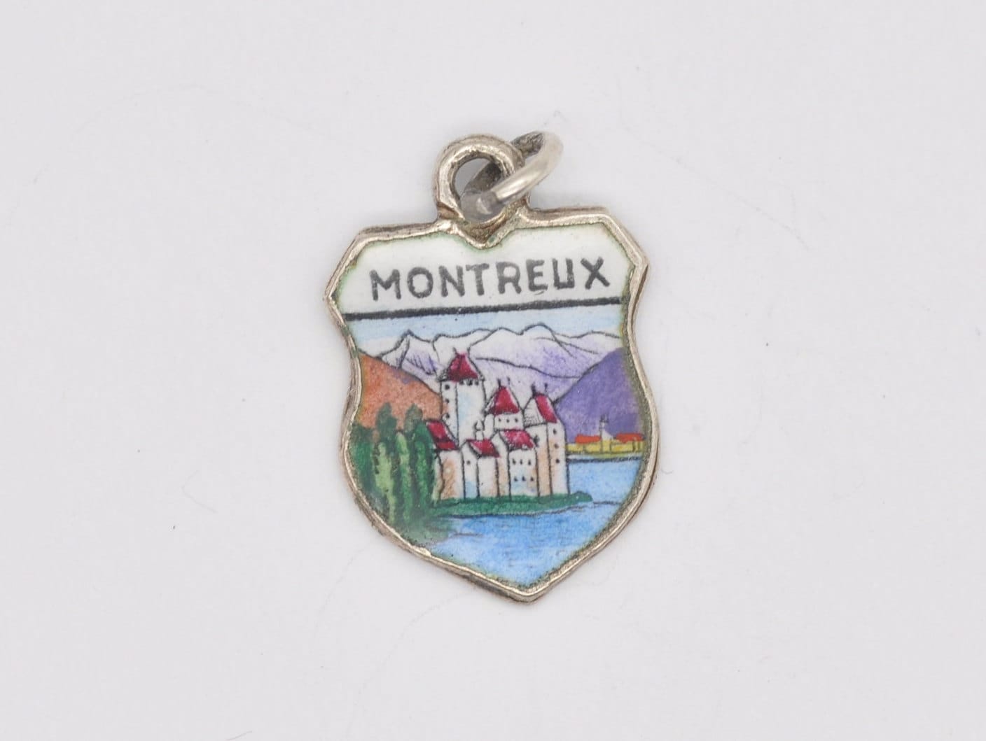 Vintage Silver Montreux Enamel Souvenir Shield Charm / Pendant - Switzerland / Swiss / Tourist / 800 / Charm Bracelet / Scrap Book