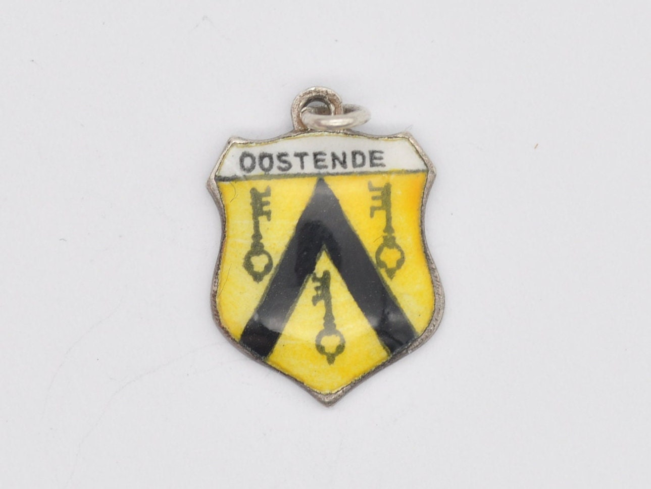Vintage Silver Oostende Enamel Souvenir Shield Charm / Pendant - Belgium / Ostend / Tourist / 800 / Scrap Book