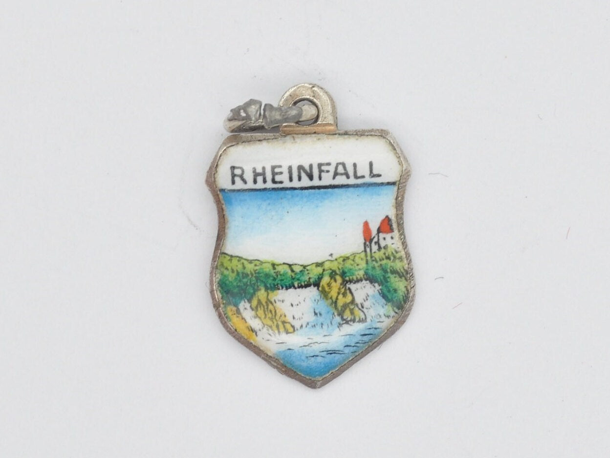 Vintage Silver Rheinfall Enamel Souvenir Shield Charm / Pendant - Switzerland / Swiss / Tourist / 800 / Charm Bracelet / Scrap Book