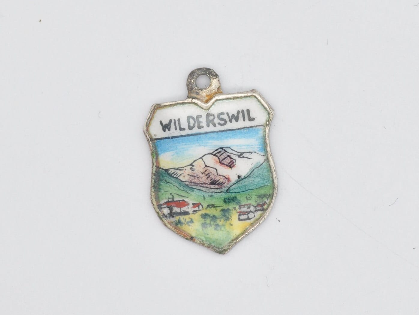 Vintage Silver Wilderswil Enamel Souvenir Shield Charm / Pendant - Switzerland / Swiss / Tourist / 800 / Charm Bracelet / Scrap Book