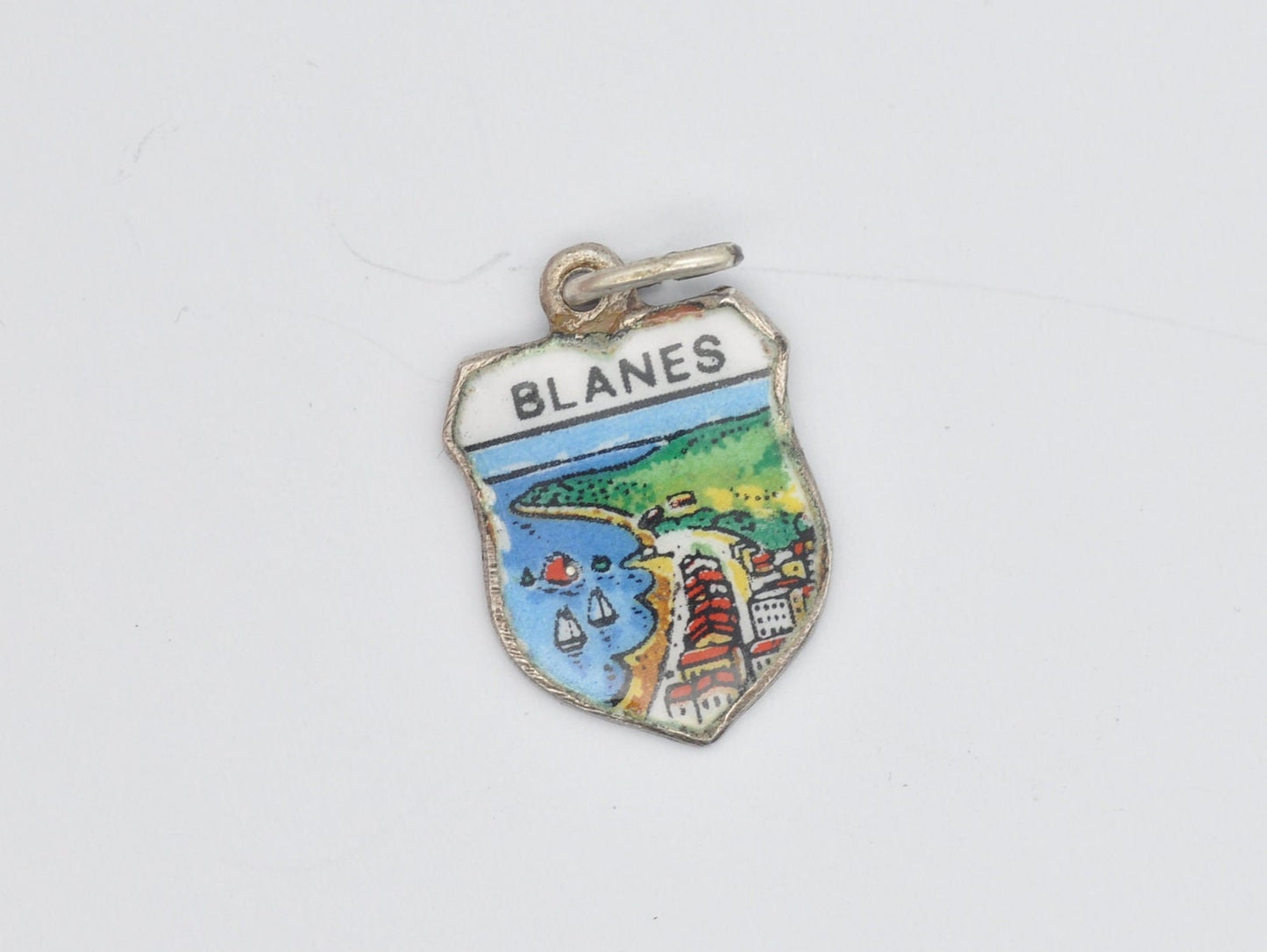 Vintage Silver and Enamel Blanes Souvenir Shield Charm / Pendant - Spain / Tourist / 800 / Scrap Book / Charm Bracelet