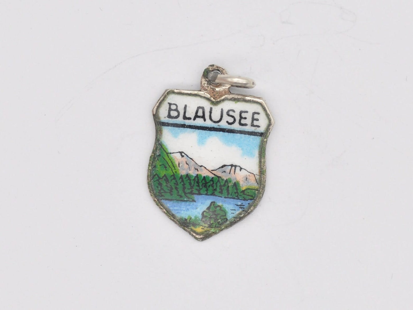 Vintage Silver and Enamel Blausee Souvenir Shield Charm / Pendant - Switzerland / Swiss / Lake / Tourist / 800 / Charm Bracelet / Scrap Book