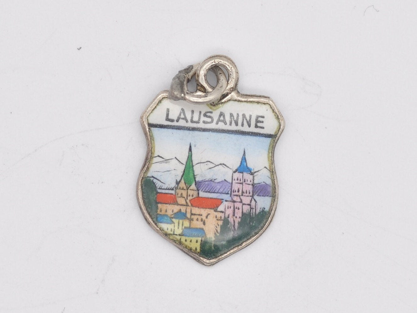 Vintage Silver Lausanne Enamel Souvenir Shield Charm / Pendant - Switzerland / Swiss / Tourist / 800 / Charm Bracelet / Scrap Book