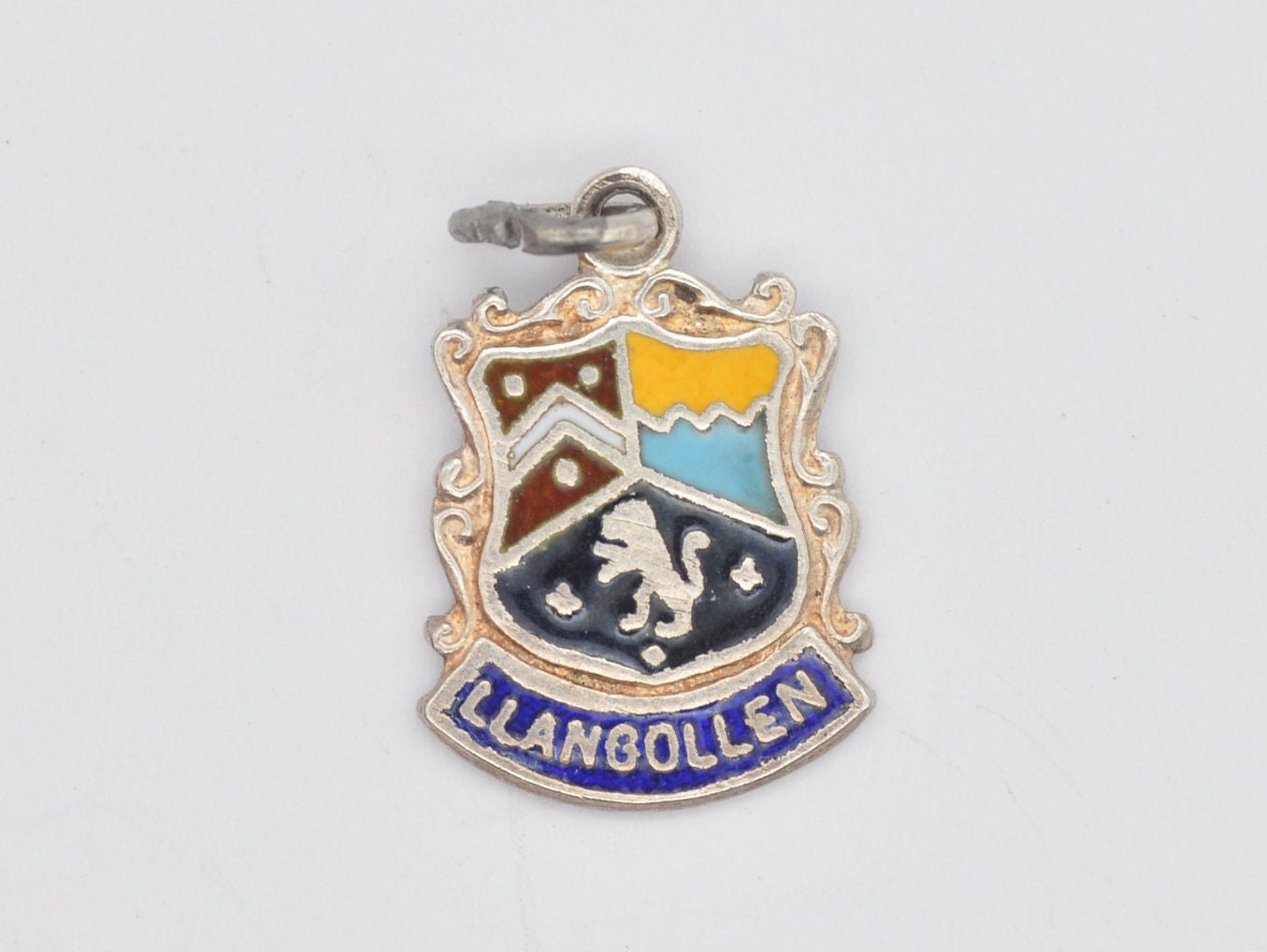 Vintage Sterling Silver Llangollen Enamel Souvenir Shield Charm / Pendant - Wales / Denbighshire / Tourist / Charm Bracelet / Scrap Book