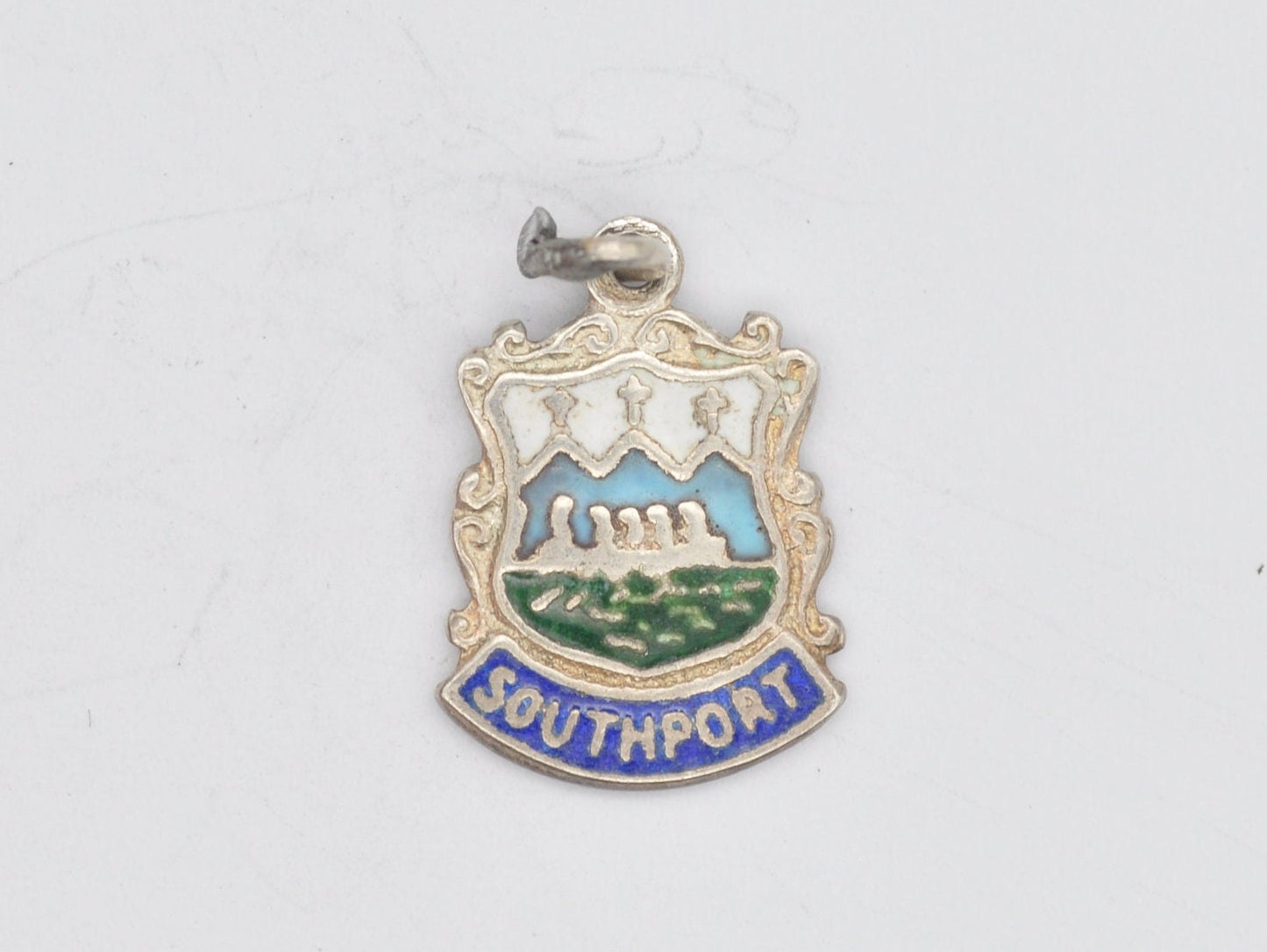 Vintage Sterling Silver Southport Enamel Souvenir Shield Charm / Pendant - England / Merseyside / Tourist / Charm Bracelet / Scrap Book