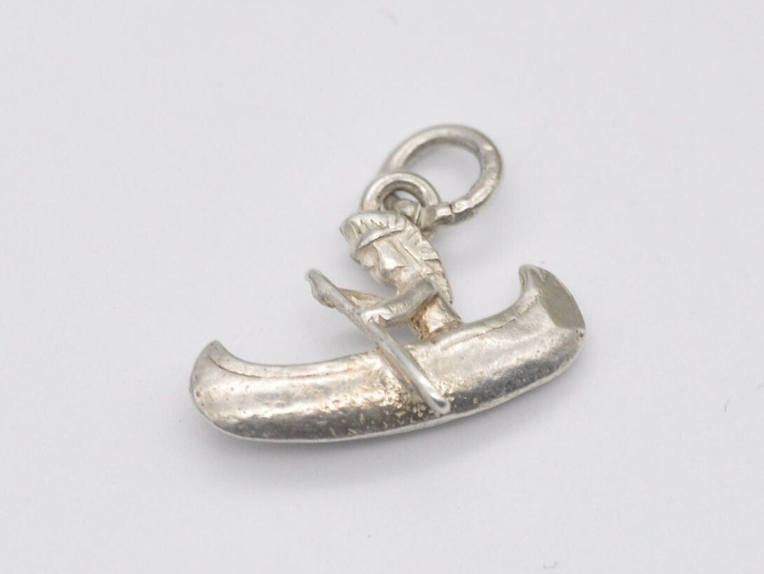 Vintage Sterling Silver Native American Canoe Charm - Boat / Sailing / Detailed / Person / for Charm Bracelet