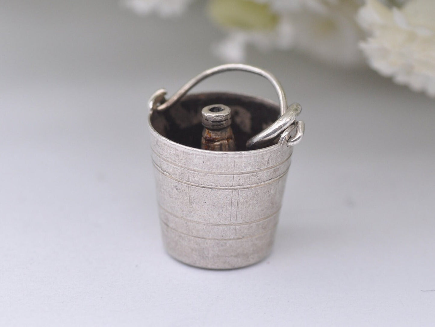 Vintage Sterling Silver Champagne Bottle in Bucket Charm / Pendant - Drinking / Alcohol / Charm Bracelet