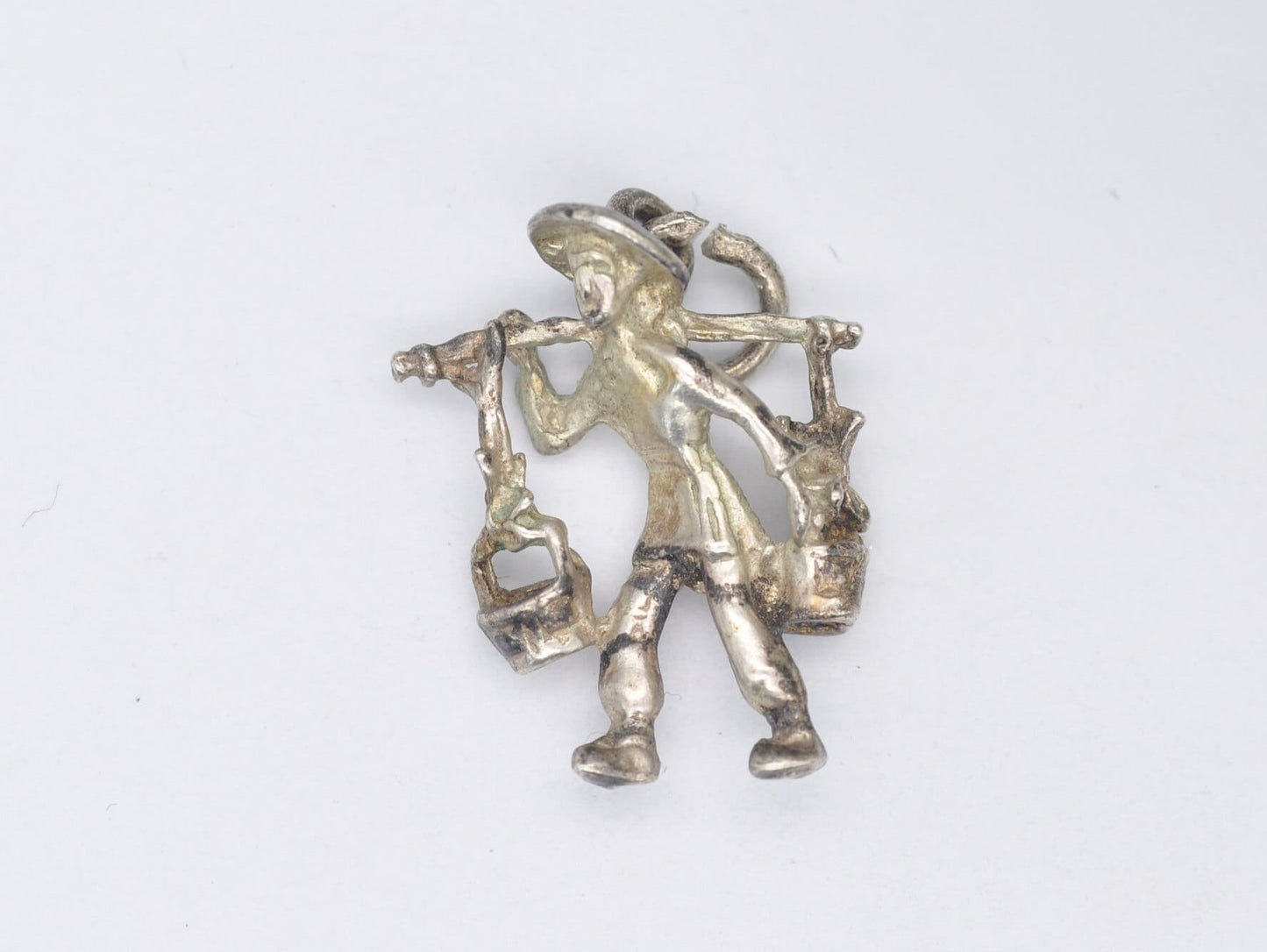 Vintage Silver Man Carrying Buckets of Water Charm / Pendant - Water Buckets / Shoulder Yoke / Carrying Pole / Detailed / Charm Bracelet