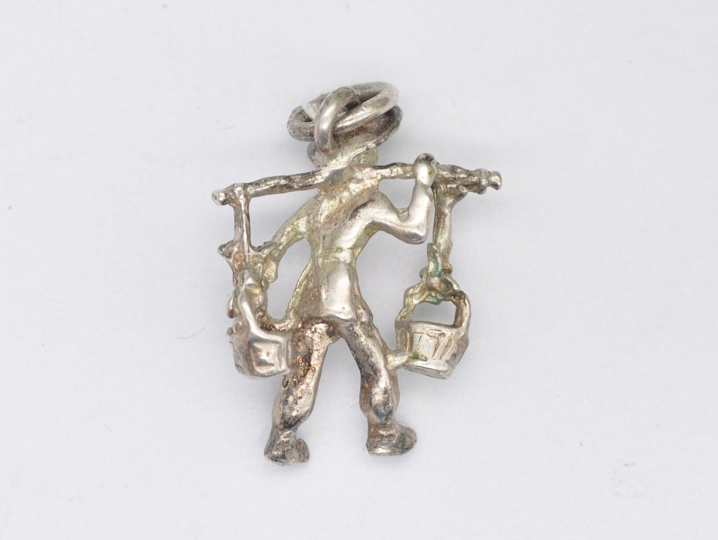 Vintage Silver Man Carrying Buckets of Water Charm / Pendant - Water Buckets / Shoulder Yoke / Carrying Pole / Detailed / Charm Bracelet