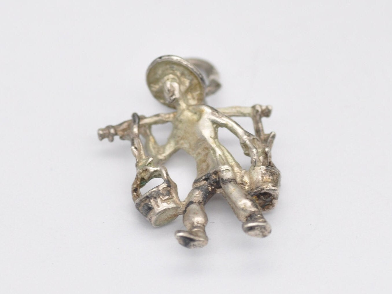 Vintage Silver Man Carrying Buckets of Water Charm / Pendant - Water Buckets / Shoulder Yoke / Carrying Pole / Detailed / Charm Bracelet
