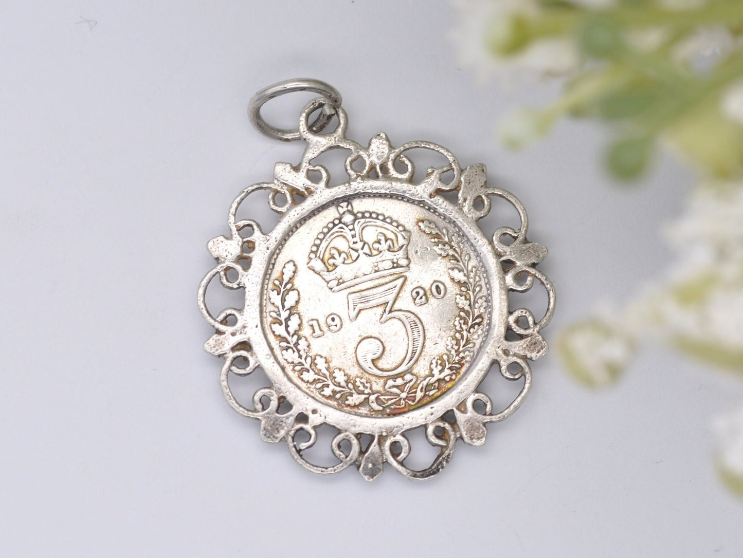 Vintage Silver George V Three Pence 1920 Coin Charm / Pendant - 3 Pence / King / English / British / Royalty / Charm Bracelet