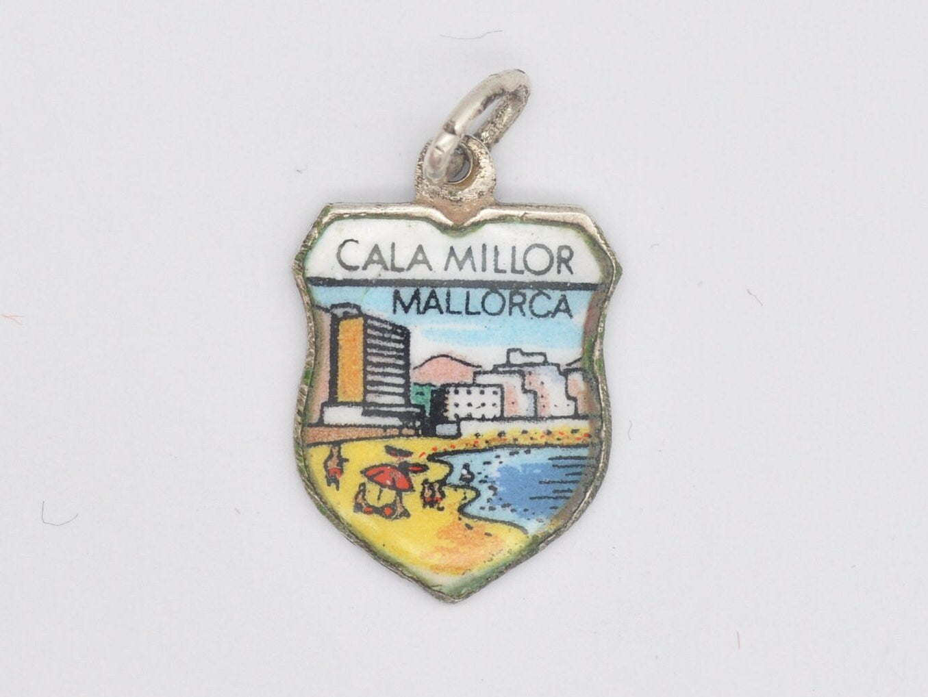Vintage Silver Cala Millor Mallorca Enamel Souvenir Shield Charm / Pendant - Spain / Tourist / 800 / Scrap Book / Charm Bracelet