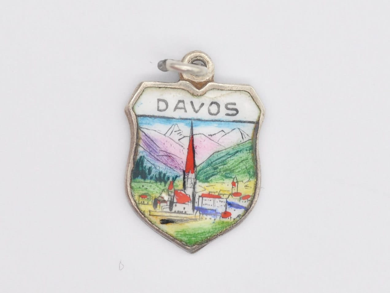 Vintage Silver Davos Enamel Souvenir Shield Charm / Pendant - Swiss / Switzerland / Tourist / 800 / Scrap Book / Charm Bracelet