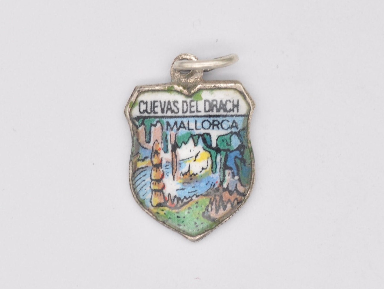 Vintage Silver Cuevas del Drach Mallorca Enamel Souvenir Shield Charm / Pendant - Spain / Tourist / 800 / Scrap Book / Charm Bracelet