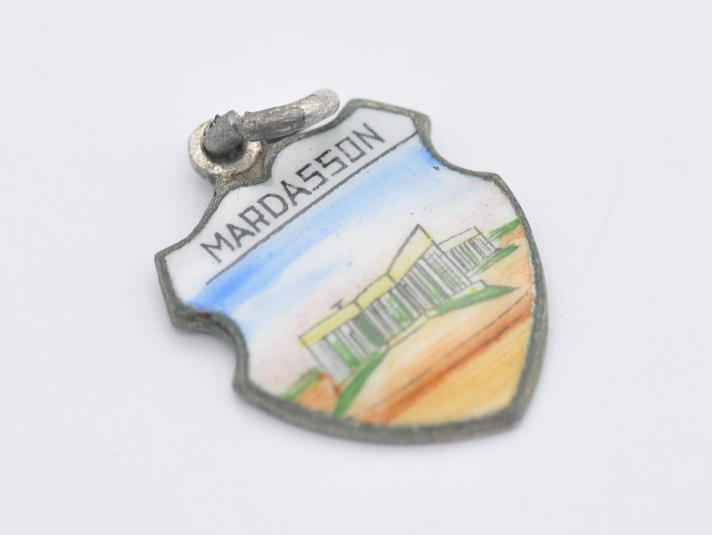 Vintage Silver Tone Mardasson Enamel Souvenir Shield Charm / Pendant - Belgium / Europe / WW2 / Tourist / Scrap Book