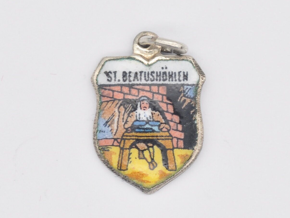 Vintage Silver Tone St Beatushöhlen Enamel Souvenir Shield Charm / Pendant - Switzerland / Swiss / Tourist / Charm Bracelet / Beatenberg