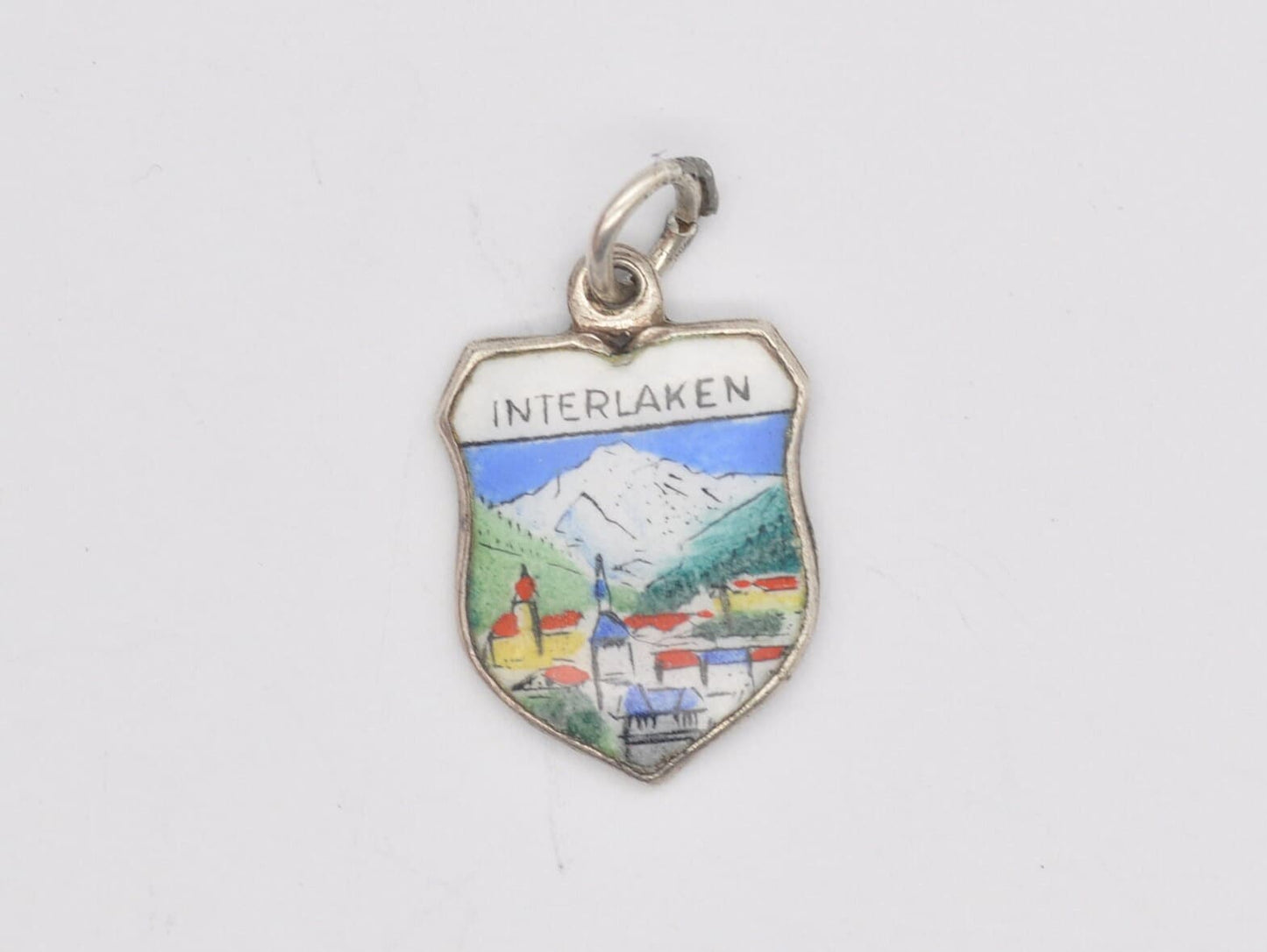 Vintage Silver and Enamel Interlaken Souvenir Shield Charm / Pendant - Switzerland / Tourist / Swiss / Travel / Charm Bracelet / 800