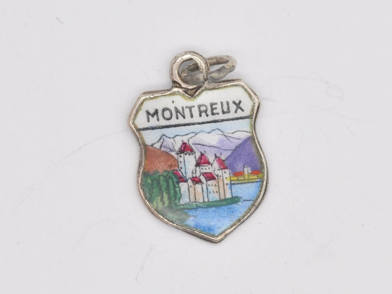 Vintage Silver Montreux Enamel Souvenir Shield Charm / Pendant - Switzerland / Swiss / Tourist / 800 / Charm Bracelet / Scrap Book