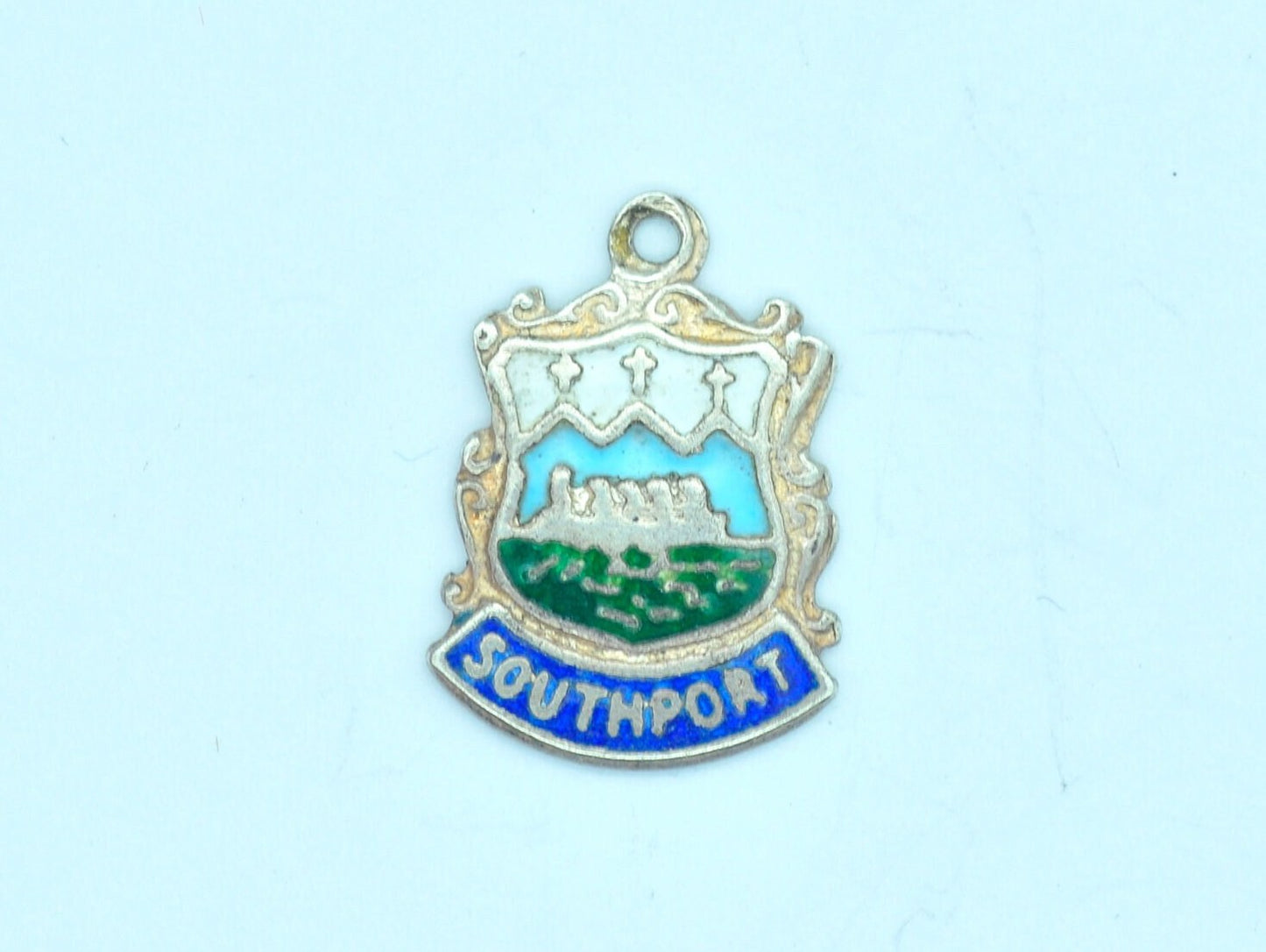 Vintage Sterling Silver Southport Enamel Souvenir Shield Charm / Pendant - England / Merseyside / Tourist / Charm Bracelet / Scrap Book