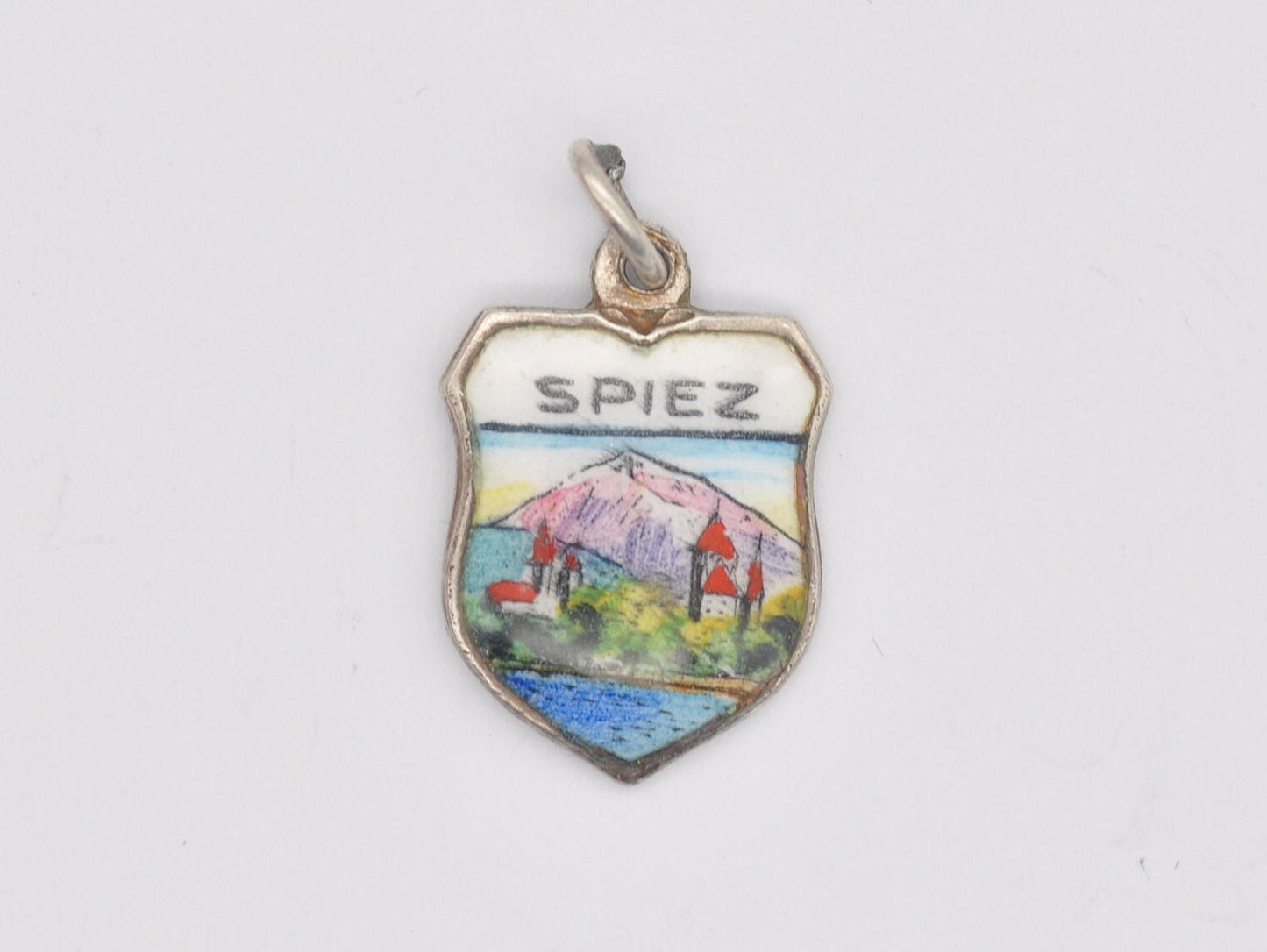 Vintage Silver and Enamel Spiez Souvenir Shield Charm / Pendant - Switzerland / Tourist / Travel / Charm Bracelet / 800 / Scrap Book