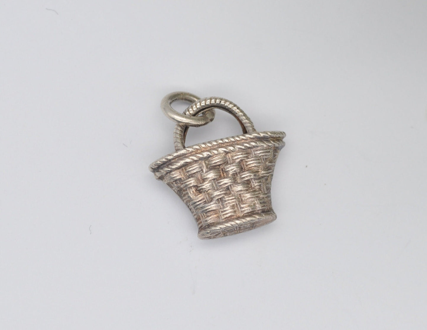Vintage Sterling Silver Woven Basket Charm - Bag / Charm Bracelet