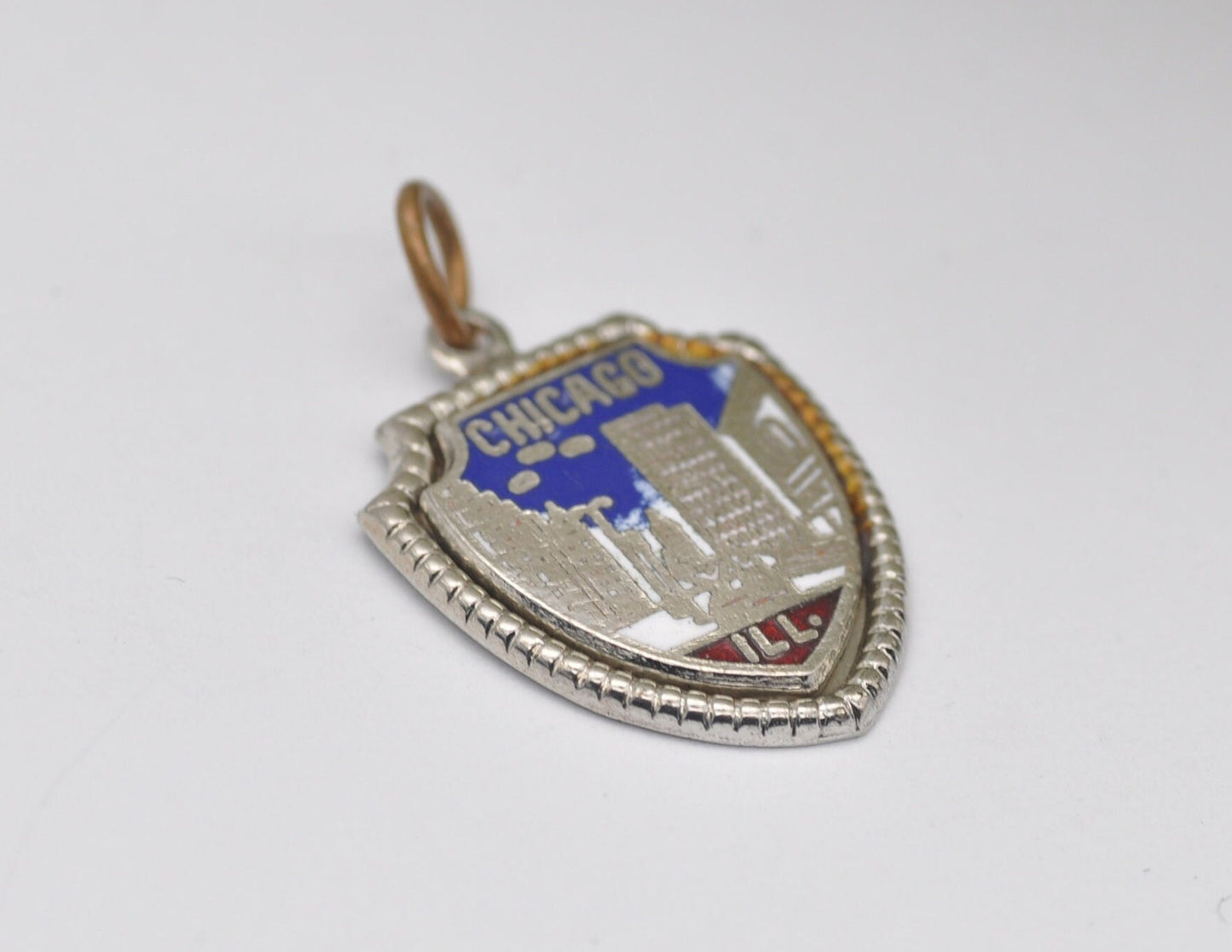 Vintage Sterling Silver and Enamel Chicago Souvenir Shield Charm / Pendant