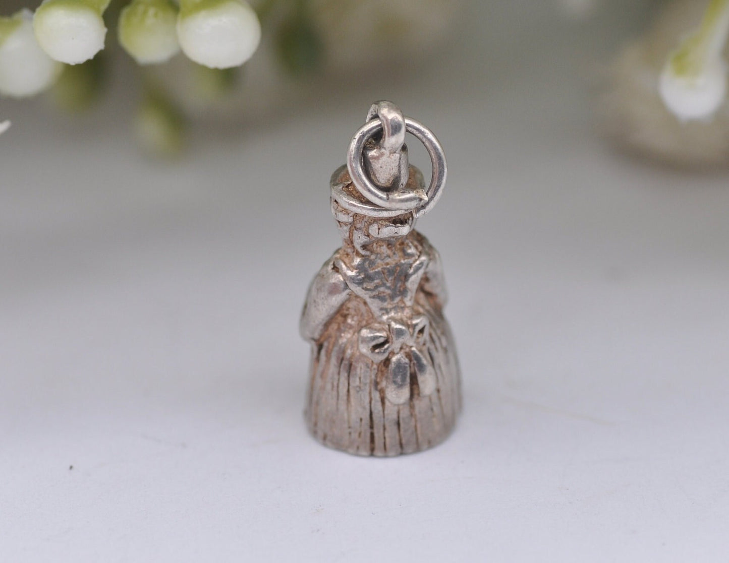 Vintage Silver Crinoline Woman Charm / Pendant - Hat / Dress / Arms Crossed / Charm Bracelet