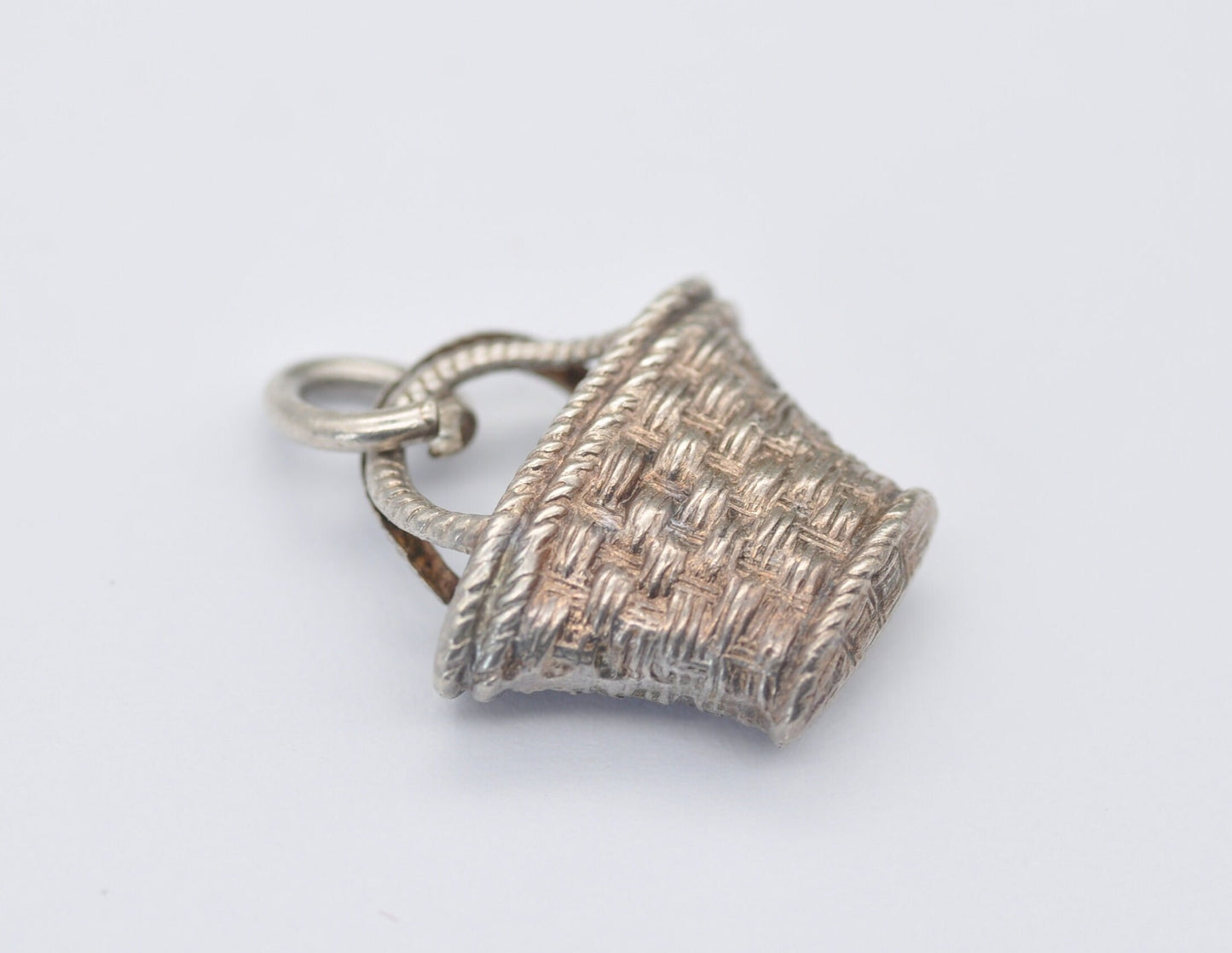 Vintage Sterling Silver Woven Basket Charm - Bag / Charm Bracelet