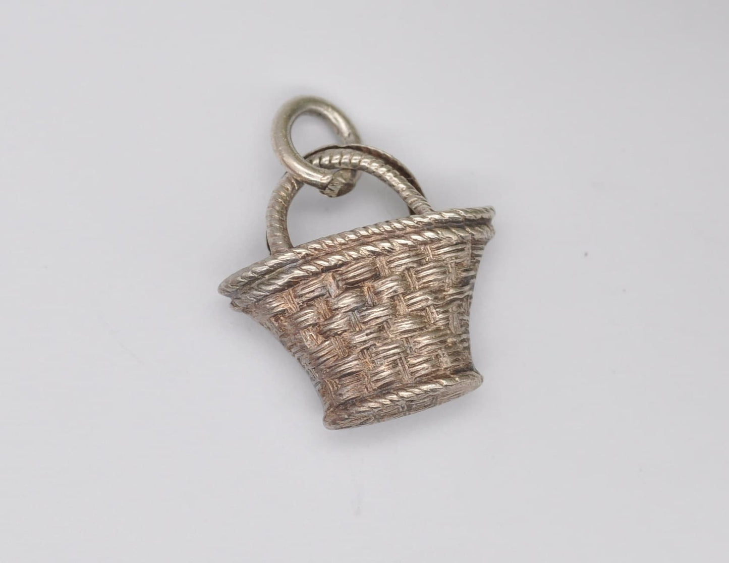 Vintage Sterling Silver Woven Basket Charm - Bag / Charm Bracelet