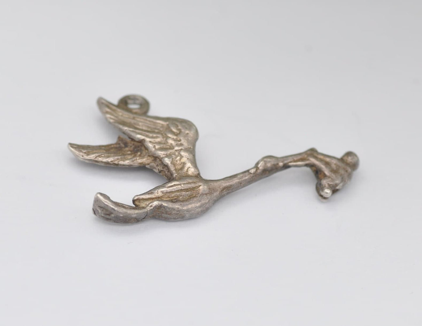 Vintage Sterling Silver Stork and Baby Charm / Pendant - Stork Carrying Baby / Bird / for Charm Bracelet