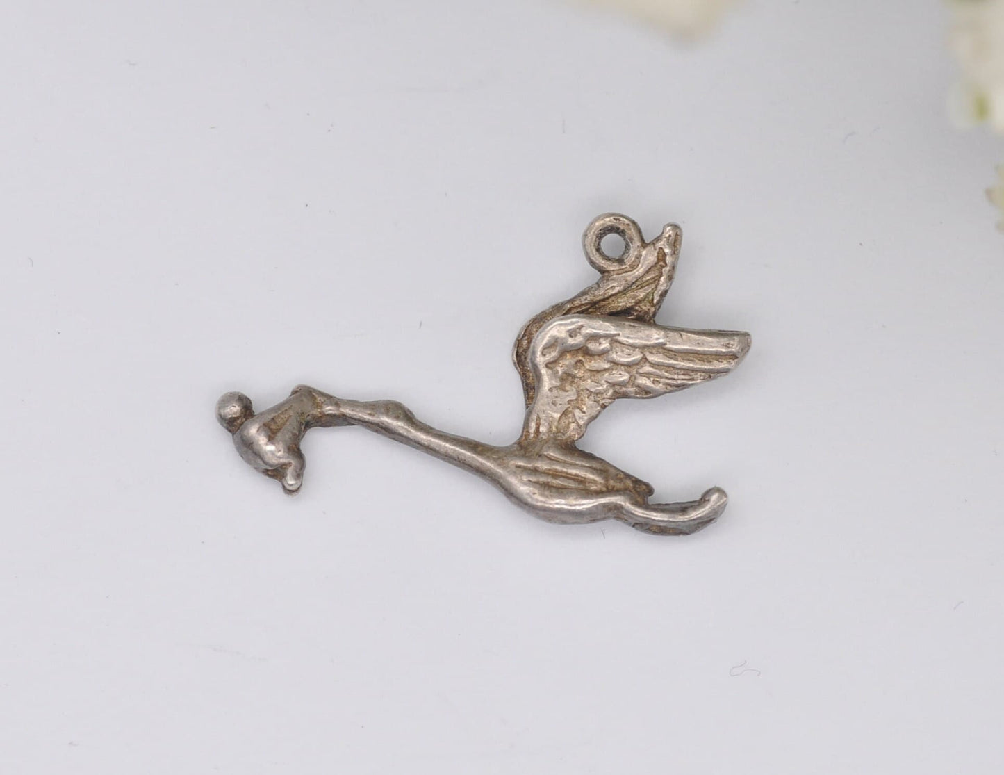 Vintage Sterling Silver Stork and Baby Charm / Pendant - Stork Carrying Baby / Bird / for Charm Bracelet