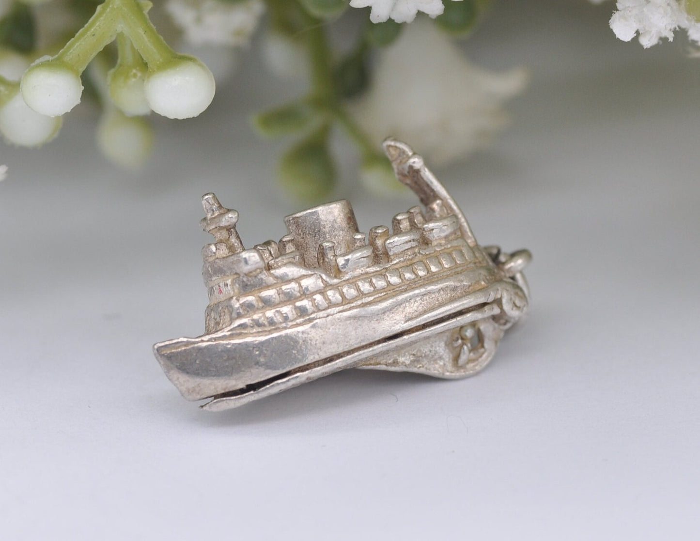 Vintage Sterling Silver Ferry Charm Opening to Cars Inside - Articulated / Detailed / Ship / Boat / for Charm Bracelet