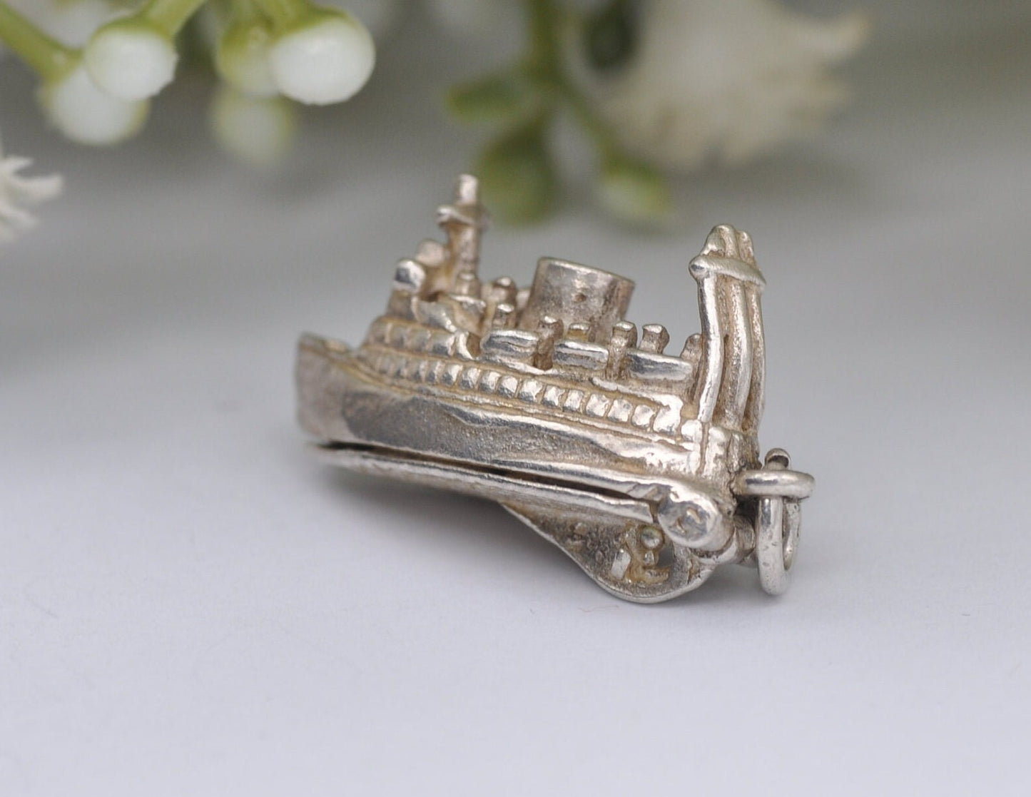 Vintage Sterling Silver Ferry Charm Opening to Cars Inside - Articulated / Detailed / Ship / Boat / for Charm Bracelet