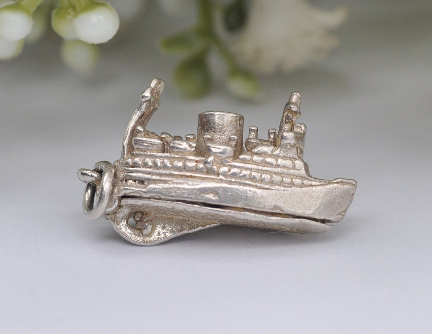 Vintage Sterling Silver Ferry Charm Opening to Cars Inside - Articulated / Detailed / Ship / Boat / for Charm Bracelet