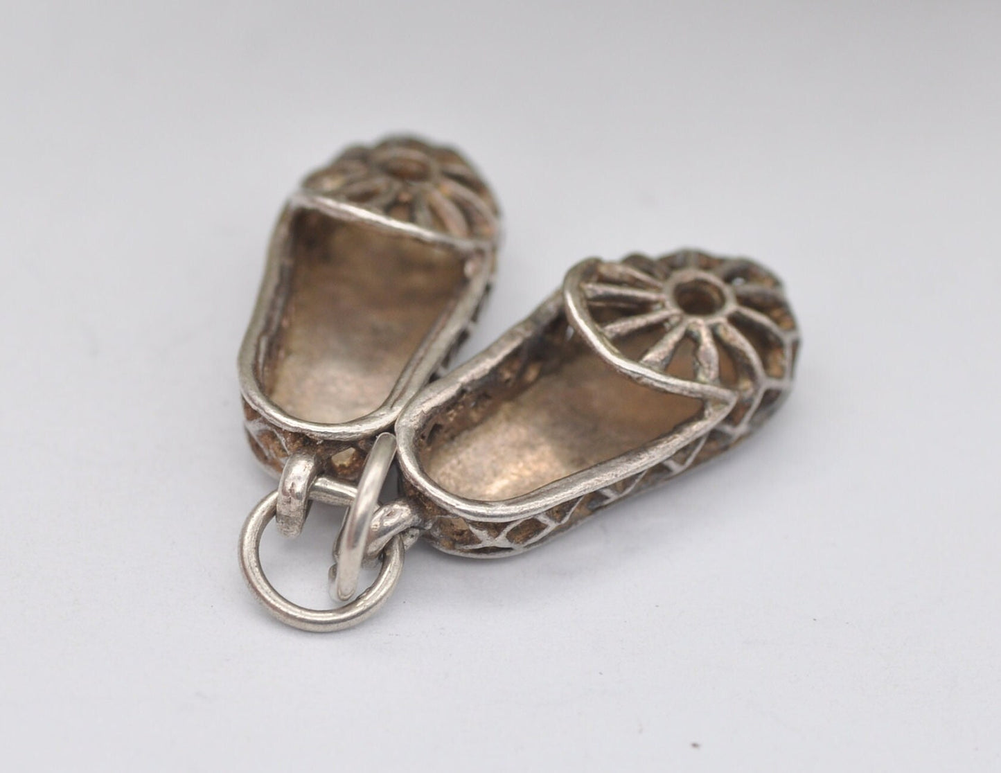 Vintage Silver Pair of Slippers Charm / Pendant - Detailed / Ornate / Shoes / Charm Bracelet