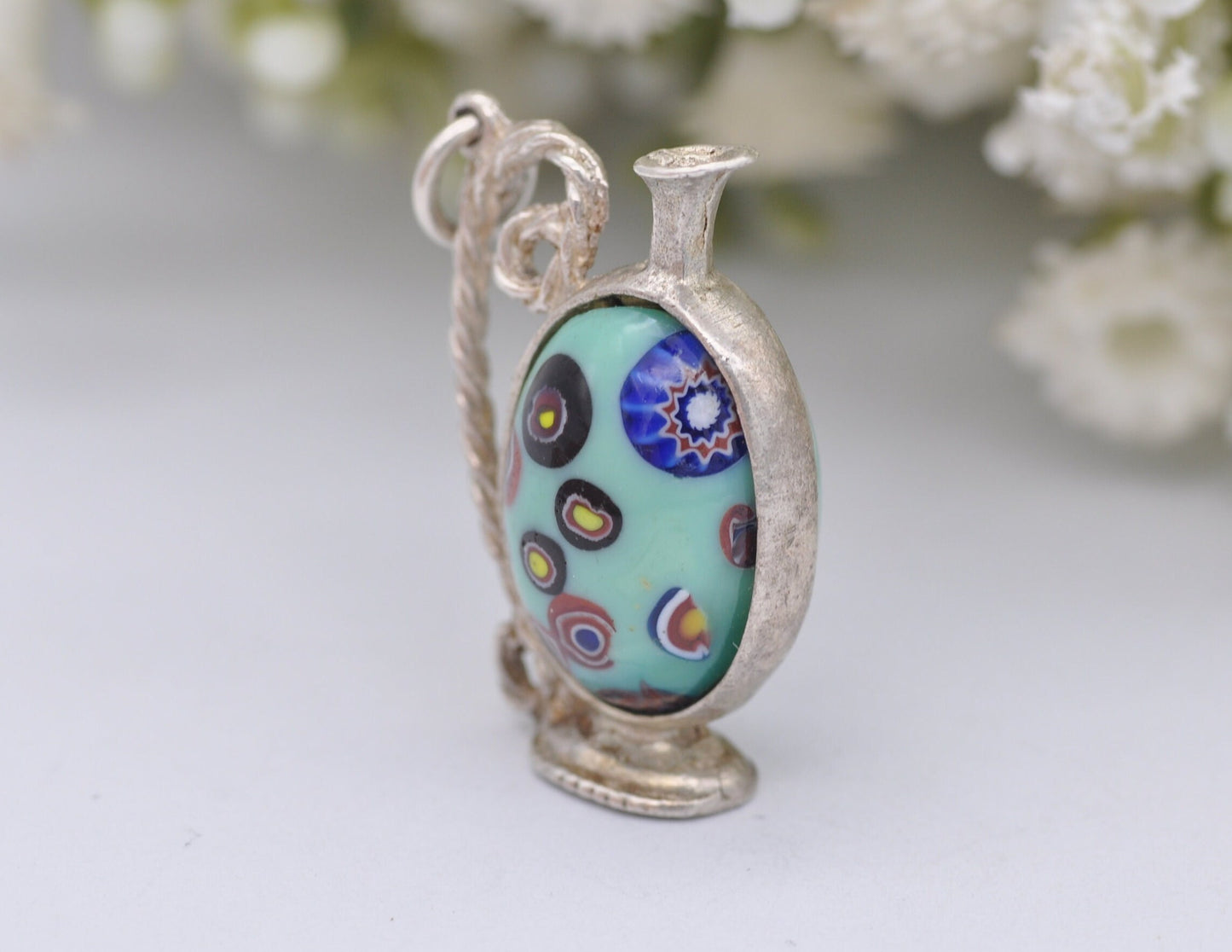 Vintage Sterling Silver Murano Glass Jug Charm / Pendant - Interesting / Stone / Blue / Wine / Charm Bracelet