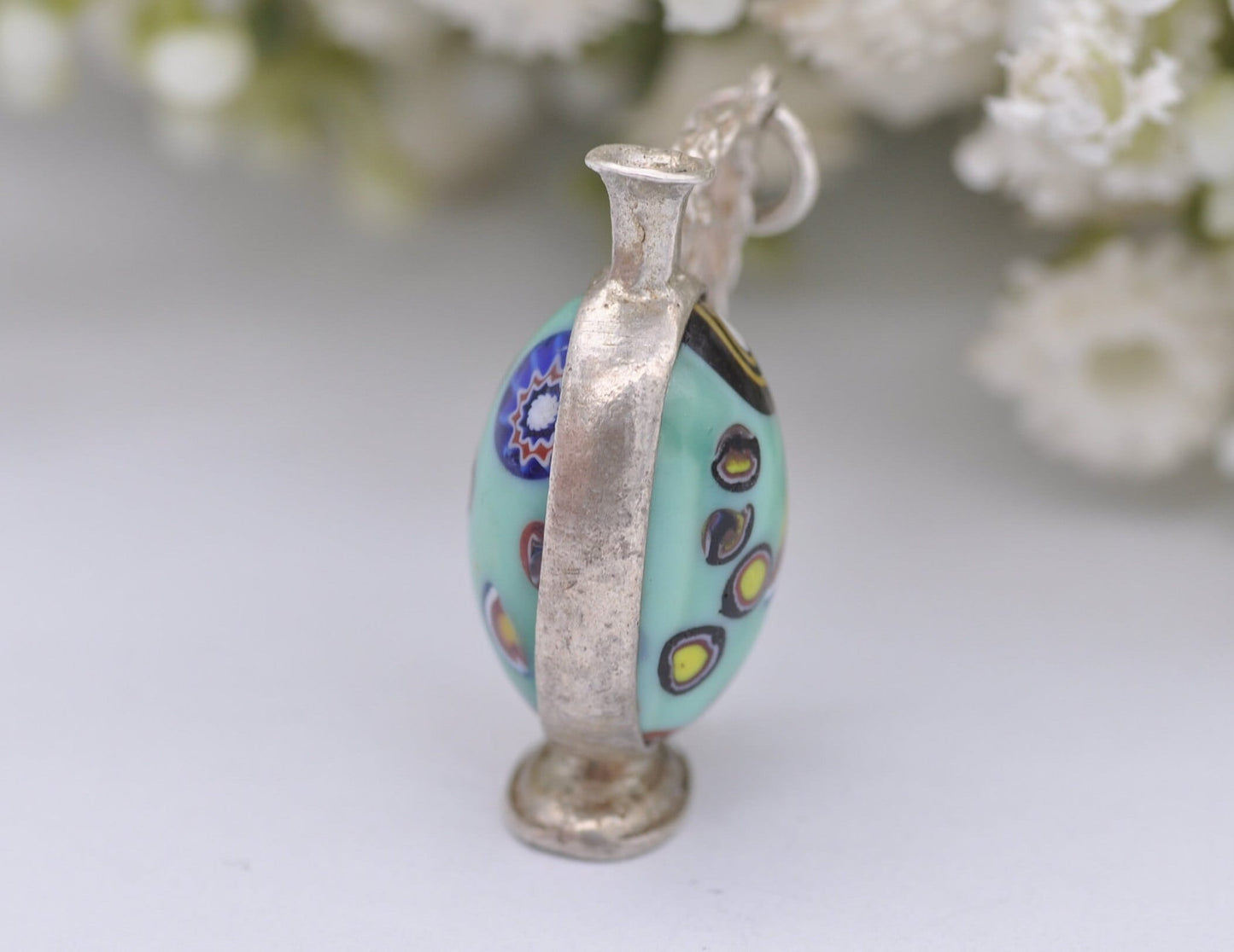 Vintage Sterling Silver Murano Glass Jug Charm / Pendant - Interesting / Stone / Blue / Wine / Charm Bracelet