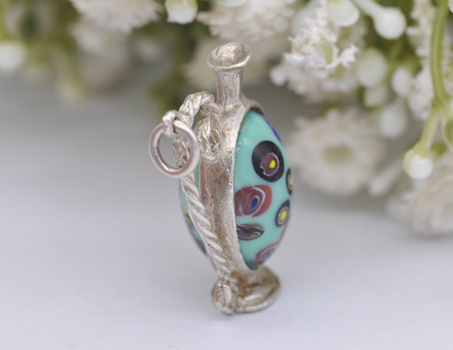 Vintage Sterling Silver Murano Glass Jug Charm / Pendant - Interesting / Stone / Blue / Wine / Charm Bracelet