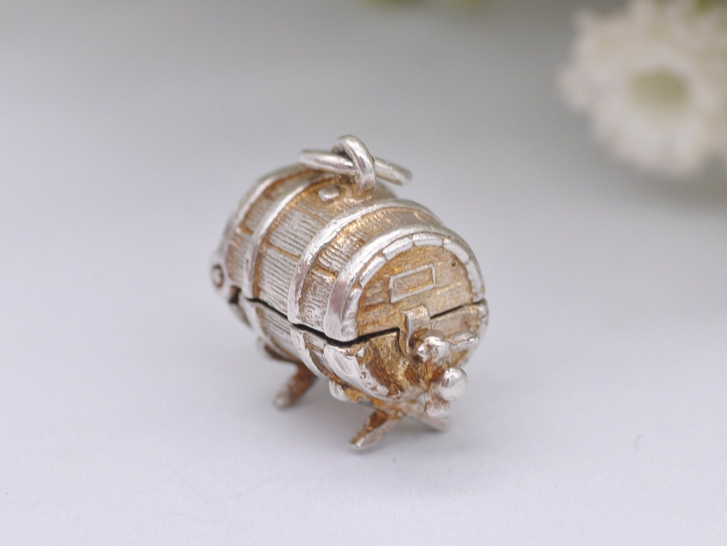 Vintage Silver CHIM Opening Whiskey Barrel Charm / Pendant - XXX / Wooden Barrel / Spirit / Alcohol / Sterling Silver / Charm Bracelet