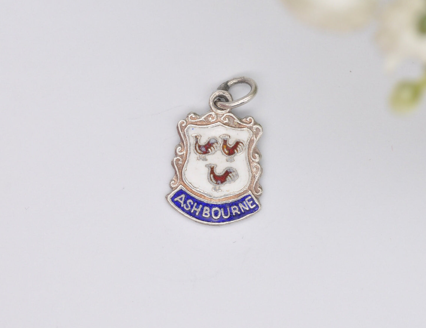 Vintage Sterling Silver Ashbourne Enamel Souvenir Shield Charm / Pendant - England / Derbyshire / Tourist / Charm Bracelet / Scrap Book