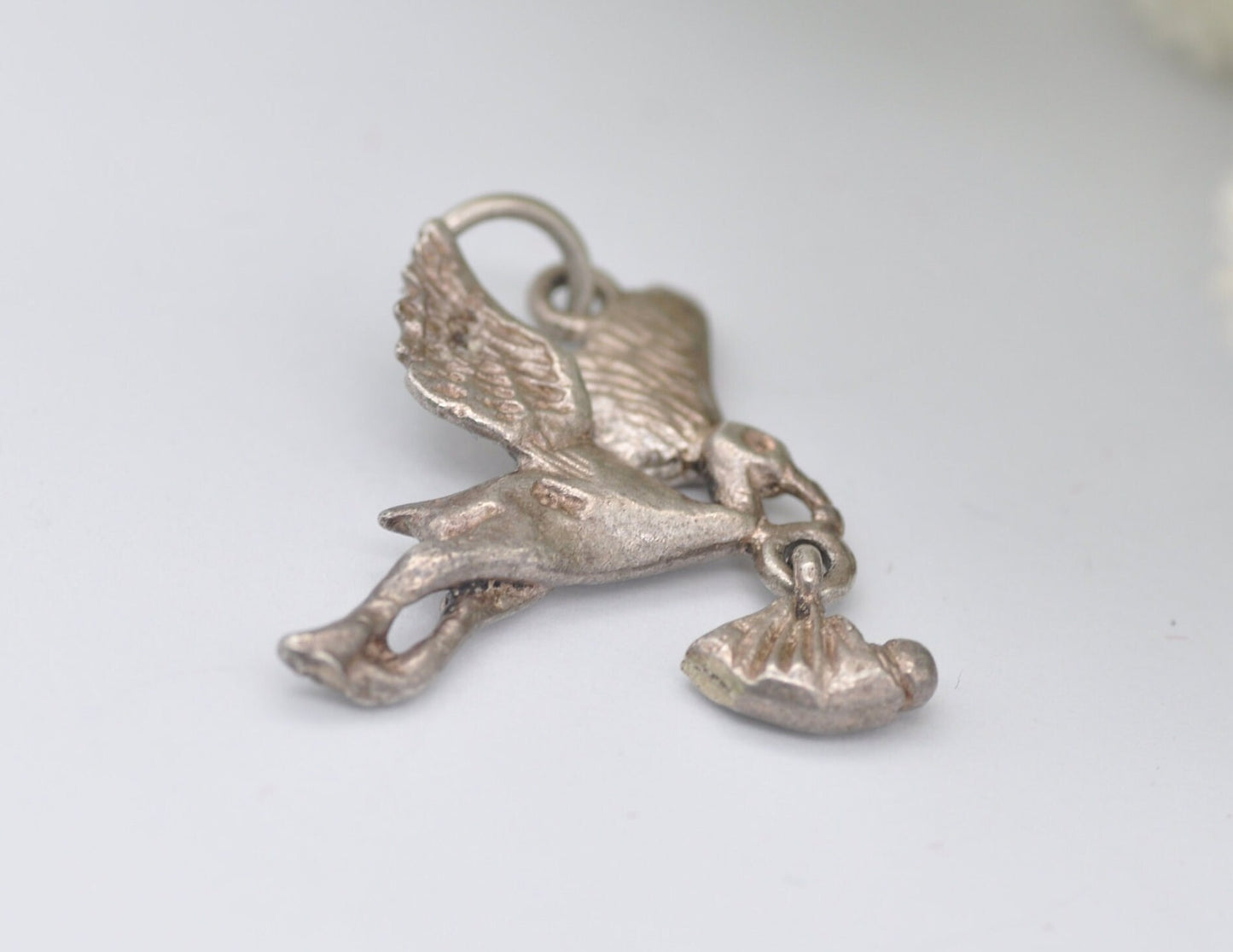 Vintage Sterling Silver Stork and Baby Charm / Pendant - Stork Carrying Baby / Bird / for Charm Bracelet