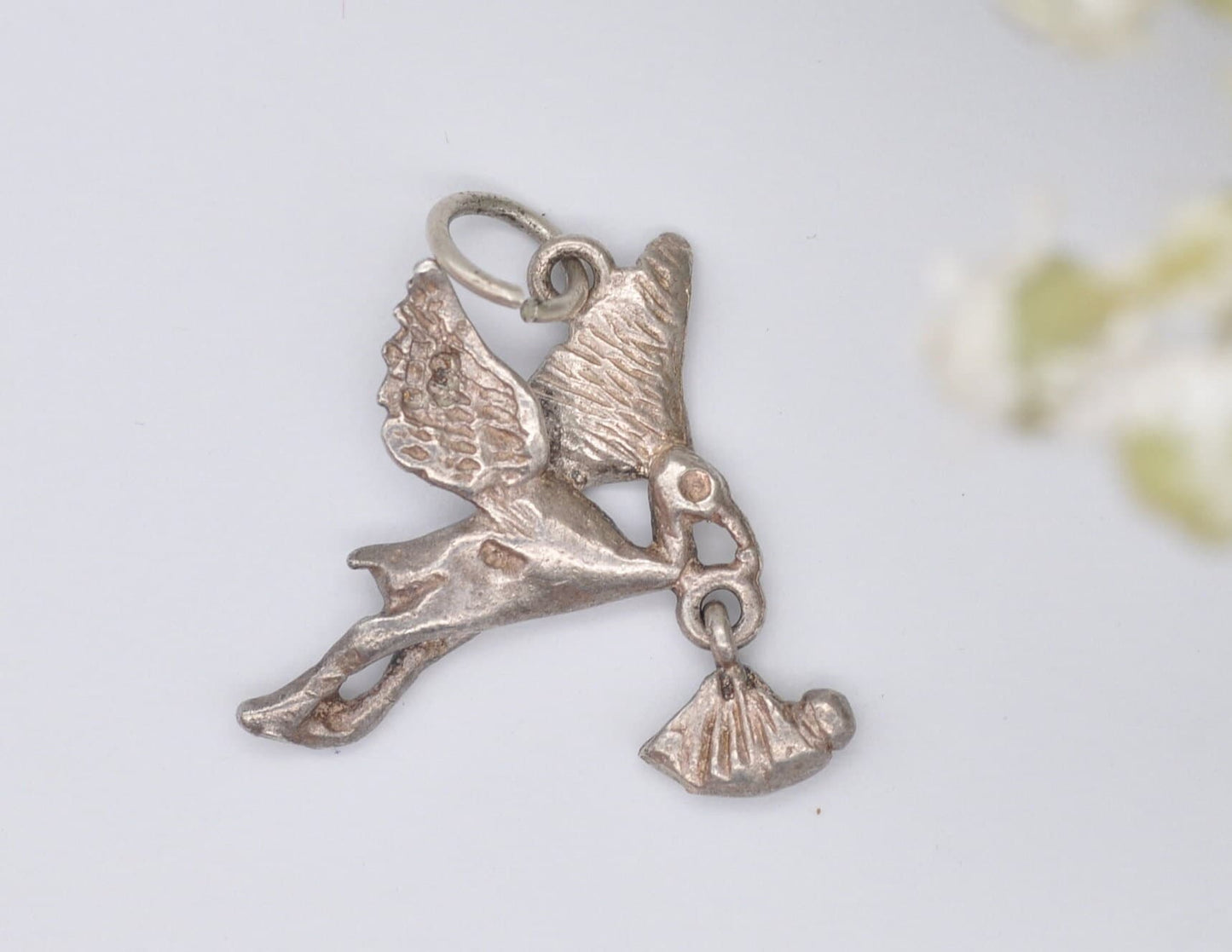 Vintage Sterling Silver Stork and Baby Charm / Pendant - Stork Carrying Baby / Bird / for Charm Bracelet