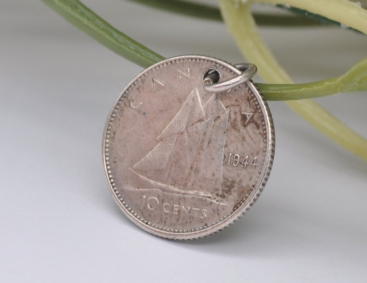 Vintage Silver George VI Canada 10 Cent 1944 Coin Charm / Pendant - Ten / King / English / British / Royalty / Charm Bracelet