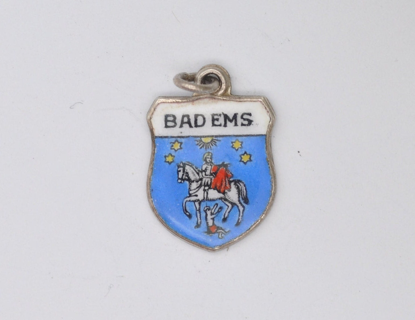 Vintage Silver Bad Ems Enamel Souvenir Shield Charm / Pendant - German / Germany / Tourist / 800 / Charm Bracelet / Scrap Book