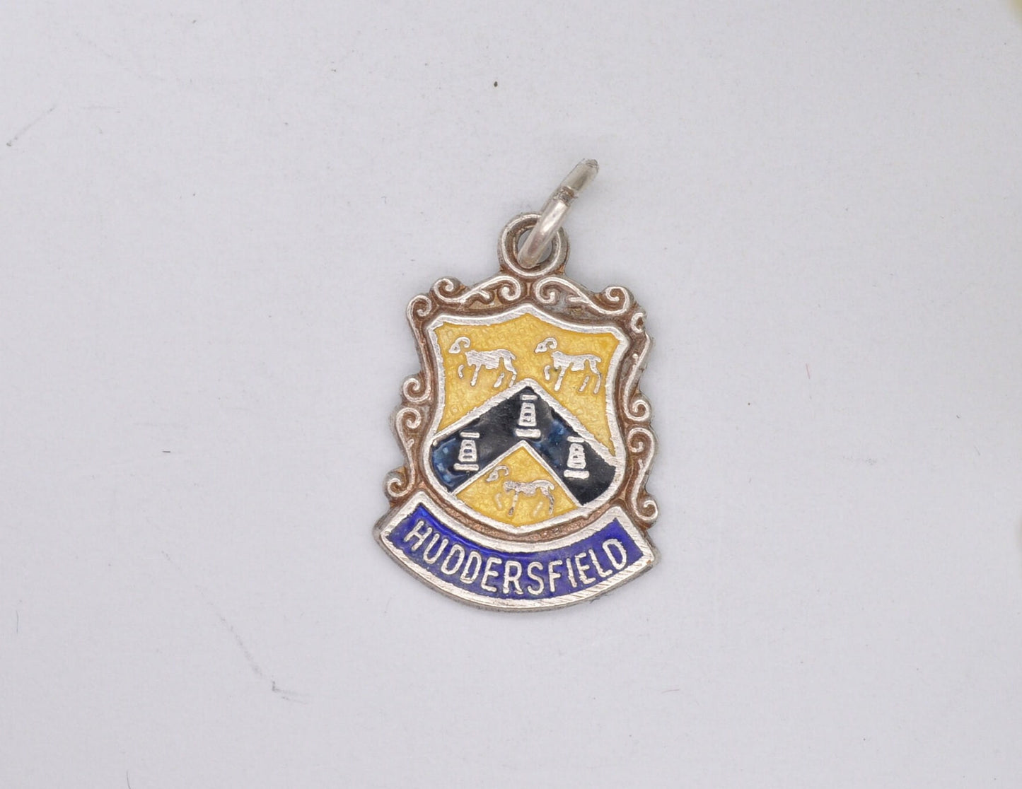 Vintage Sterling Silver Huddersfield Enamel Souvenir Shield Charm / Pendant - WBs / England / Yorkshire / Tourist / Charm Bracelet